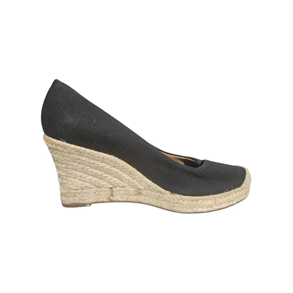 J.Crew Black Canvas Espadrille Wedge Pumps Round Toe Jute Heel A1244 Womens 5.5
